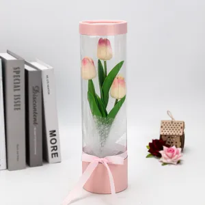 Valentine gift PVC transparent cylinder artificial tulip flower home decor tabletop ornament