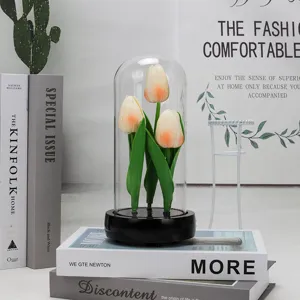 Dôme en verre tulipe veilleuse fleur artificielle déco lampe de table ornement