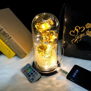 Three gold foil roses in glass dome with remote control, LED lights and USB power for gift.
