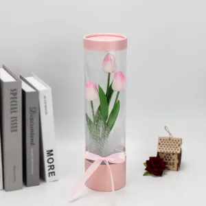 Transparent cylinder box with artificial pink tulips flower gift home desktop decor prop