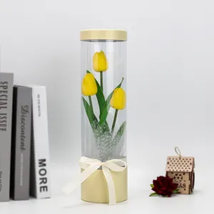 PVC transparent cylinder box simulation tulip flower gift home decoration ornament detail display.