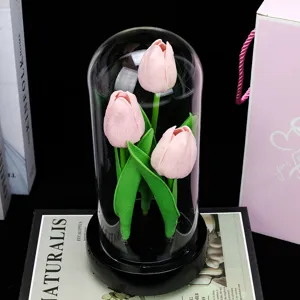 Dôme en verre tulipe rose de simulation ornement cadeau romantique décoration d'intérieur