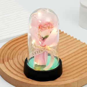 Vue détail dôme verre rose LED, veilleuse romantique, décoration de bureau cadeau.