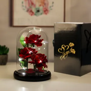 Tre rose di velluto rosso in cupola di vetro con luci LED e confezione regalo nera