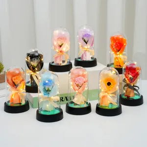Dôme en Verre de Fleur de Rose Artificielle Veilleuse LED Cadeau Romantique de Saint Valentin Décoration de Bureau