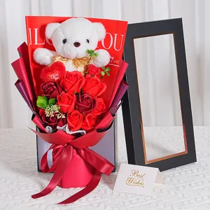 Bouquet de Fleurs de Savon Rose Artificielle Boîte Cadeau Ours en Peluche Saint-Valentin Cadeau Romantique Fournitures de Fête