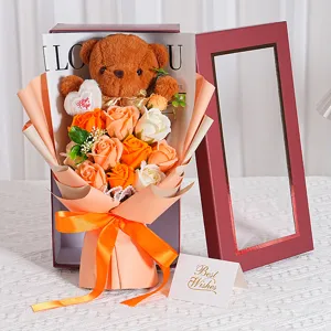 Bouquet romantique de roses en savon avec ourson en peluche dans boîte cadeau