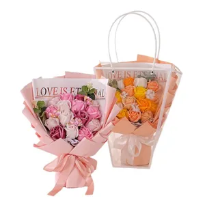 Artificial soap rose flower bouquet with gift bag for Valentine's Day and birthday presents.