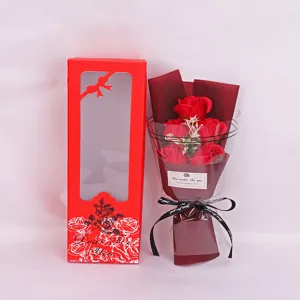 Detail view of 5 red soap rose bouquet with gift box, perfect gift for Valentine's and Mother's day.