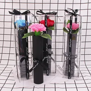 Single scented soap carnation and rose flower in transparent PVC gift box for Valentine's Day