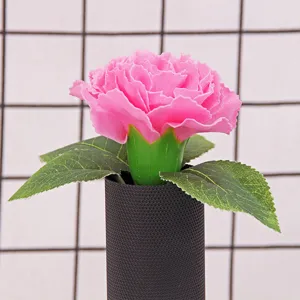 Close-up of a realistic pink soap carnation flower with green leaves in a black tube.