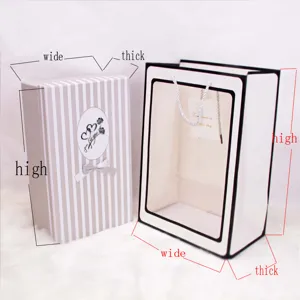 Detailansicht der Abmessungen von Geschenkbox und Geschenktüte mit Fenster
