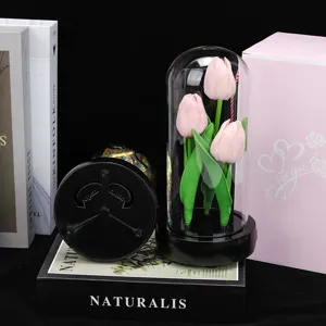 Veilleuse Tulipe Dôme en Verre Fleur Éternelle Boîte à Musique Cadeau Fête des Mères