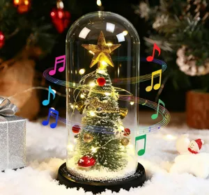 Dettaglio carillon albero di Natale in cupola di vetro con luci LED e note musicali.