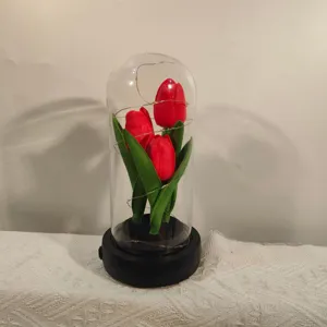 Veilleuse Tulipe Couvercle en Verre Fleur Artificielle Ornement Décoratif Boîte à Musique Tournante LED Décoration Intérieure