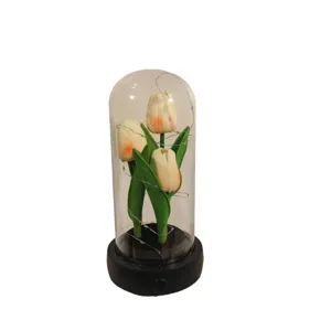 Veilleuse tulipe sous dôme en verre, lampe LED chaude de fleur artificielle pour déco.
