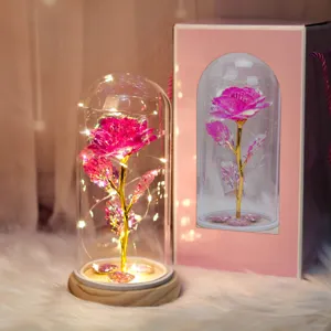 Rosa galaxia eterna en cúpula de cristal con luces led y base de madera regalo de san valentín