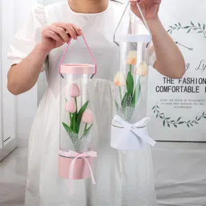 Transparent PVC cylinder artificial tulip flower gift box home decor romantic Valentine's gift