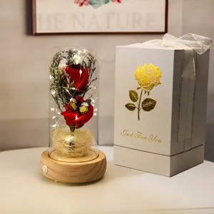 Rose rouge éternelle sous cloche en verre avec LED et coffret cadeau blanc élégant