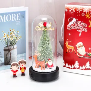 Vista dettagliata di una cupola di vetro per albero di Natale con Babbo Natale e renne
