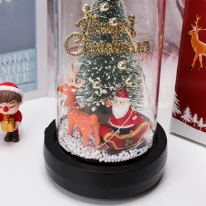 Vista dettagliata di una cupola di vetro natalizia con luci a LED e Babbo Natale