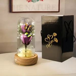 Détail de rose éternelle violette sous cloche en verre avec LED et boîte cadeau noire