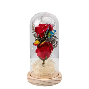 Roses de savon rouges sous cloche en verre avec guirlande LED et papillons