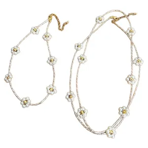 Elegant pearl flower necklace set with clavicle chain and long sweater chain