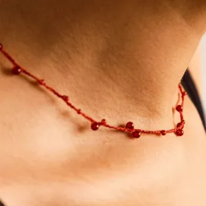 Handmade Cotton Linen Red Cord Necklace Bracelet With Red Agate Beads Good Luck Jewelry Gift For Women Friends Ethnic Style