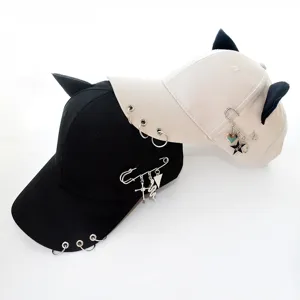 Women Casual Cotton Baseball Cap Cute Cat Ear Streetwear Hip Hop Dad Hat With Metal Ring And Safety Pin Accessories