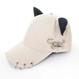 Metal pin cat ear baseball cap with ring details, street style casual hip-hop hat for women