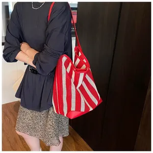 Bolso tote de malla a rayas rojas y blancas para mujer, bolso de hombro grande para verano