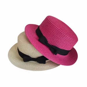 British Style Flat Top Straw Hat Summer Sun Protection Beach Hat Wide Brim Bow Boater Hat For Men Women Outdoor Travel