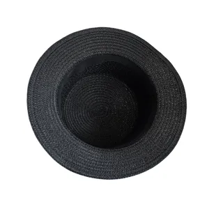 Classic black straw boater hat top view detail showcasing breathable woven texture for summer