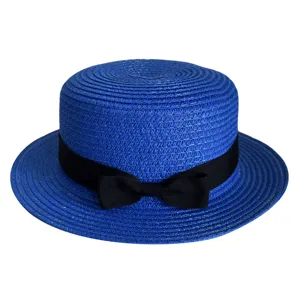 Blue straw boater hat for summer beach travel sun protection flat top ribbon bow stylish