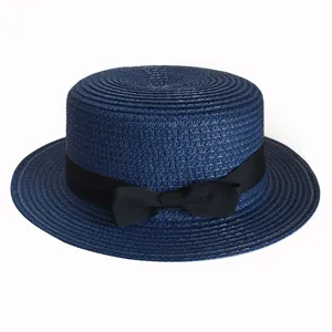 Classic navy blue straw boater hat with a black ribbon bow, perfect for summer outdoor sun.