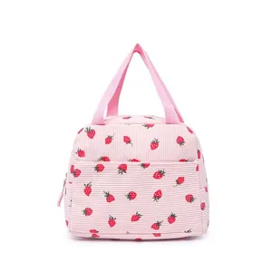 Cute pink corduroy strawberry print insulated lunch bag with handles for school or work