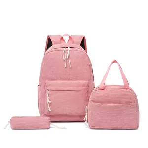 Pink corduroy 3-piece backpack set including lunch bag and pencil case for girls school