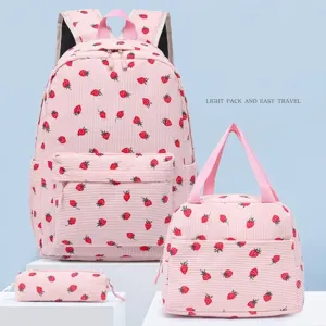 Japanese Harajuku Corduroy Strawberry Print College Backpack With Lunch Bag And Pencil Case For Girls Women School Backpack