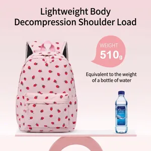 Pink strawberry print student backpack with lightweight 510g design