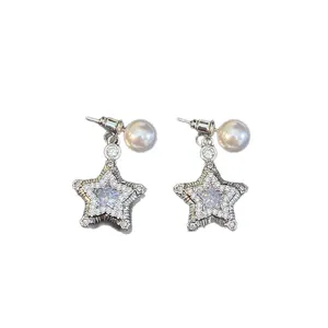 Elegant micro-paved cubic zirconia star drop earrings with white pearls for women