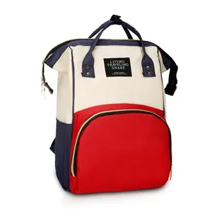 Driekleurige nylon rugzak met brede ritssluiting in crème marineblauw en rood