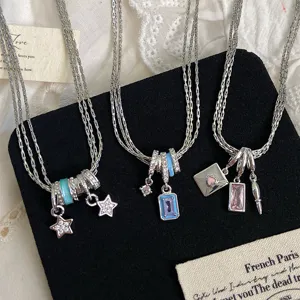 Designer Stil Kupfer Zirkonia Dreilagige Anhänger Halskette Damen Silber Tropföl Stern Umschlag Geometrische Schlüsselbein Kette Schmuck