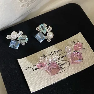 Squisiti Orecchini a Bottone in Rame con Strass Quadrati e Perle Artificiali Dolce Stile Dopamina Orecchini Geometrici da Donna