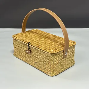 Handmade Woven Seagrass Storage Basket With Lid Portable Rattan Gift Box Pastoral Style Organizer For Wedding Holiday Home