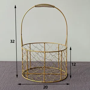 Gold wire gift basket detail showing dimensions, metal mesh candy basket for weddings and parties.