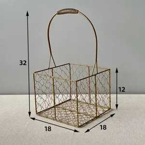 Gold wire basket detail showing metal mesh design, sturdy handle, and product dimensions.