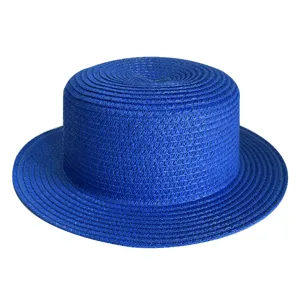 Blue flat top straw hat for women men summer sun protection breathable beach sun hat woven cap