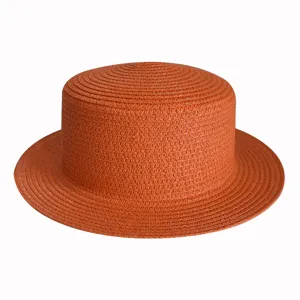 Orange flat top straw hat summer breathable boater sun hat beach outdoor fashion accessory