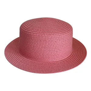Pink flat top straw hat for women, elegant boater hat, summer beach sun protection hat.
